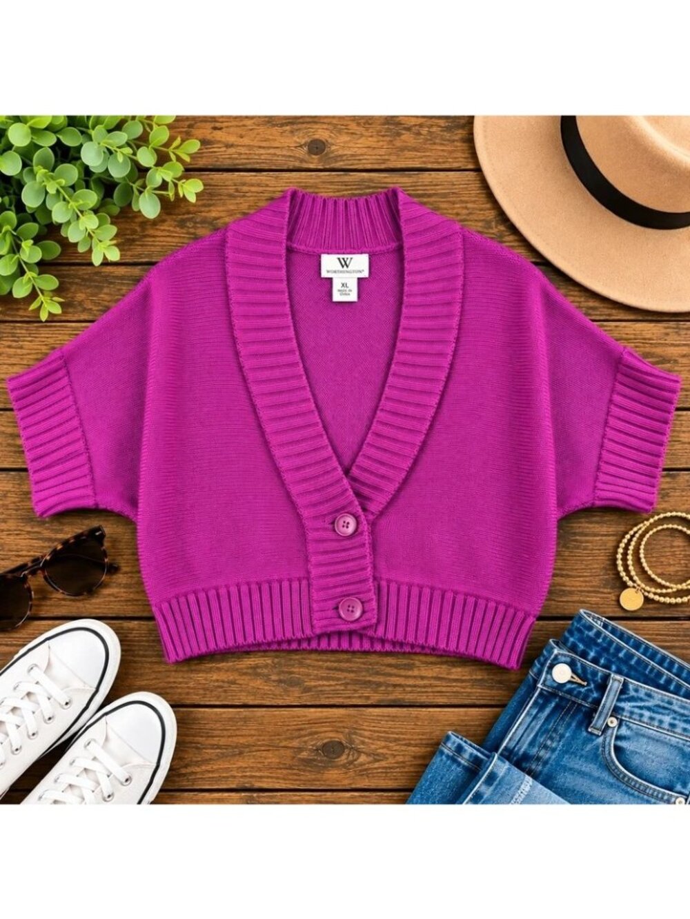 Worthington XL Magenta Fuchsia Short Sleeve Cropped Cardigan Sweater